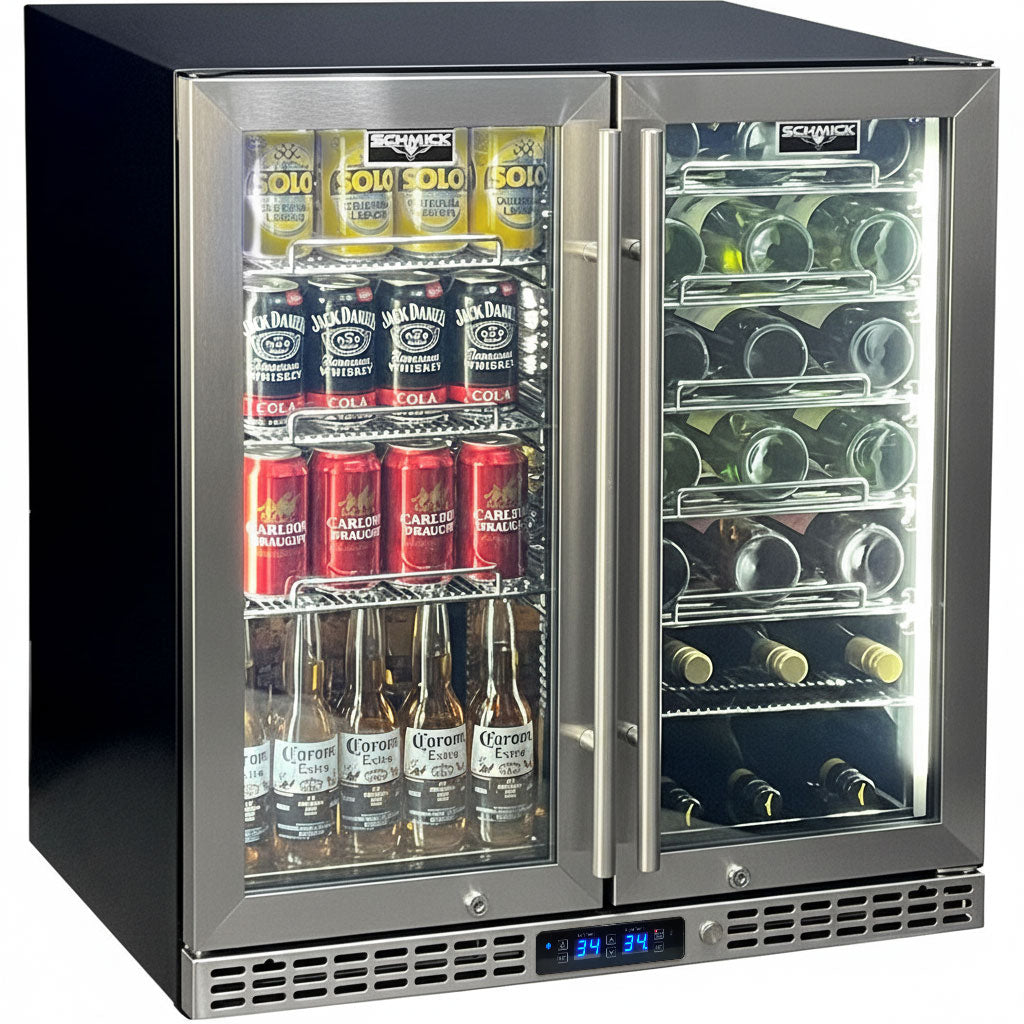 Schmick twin-zone bar fridge 215L, stainless grille, front view