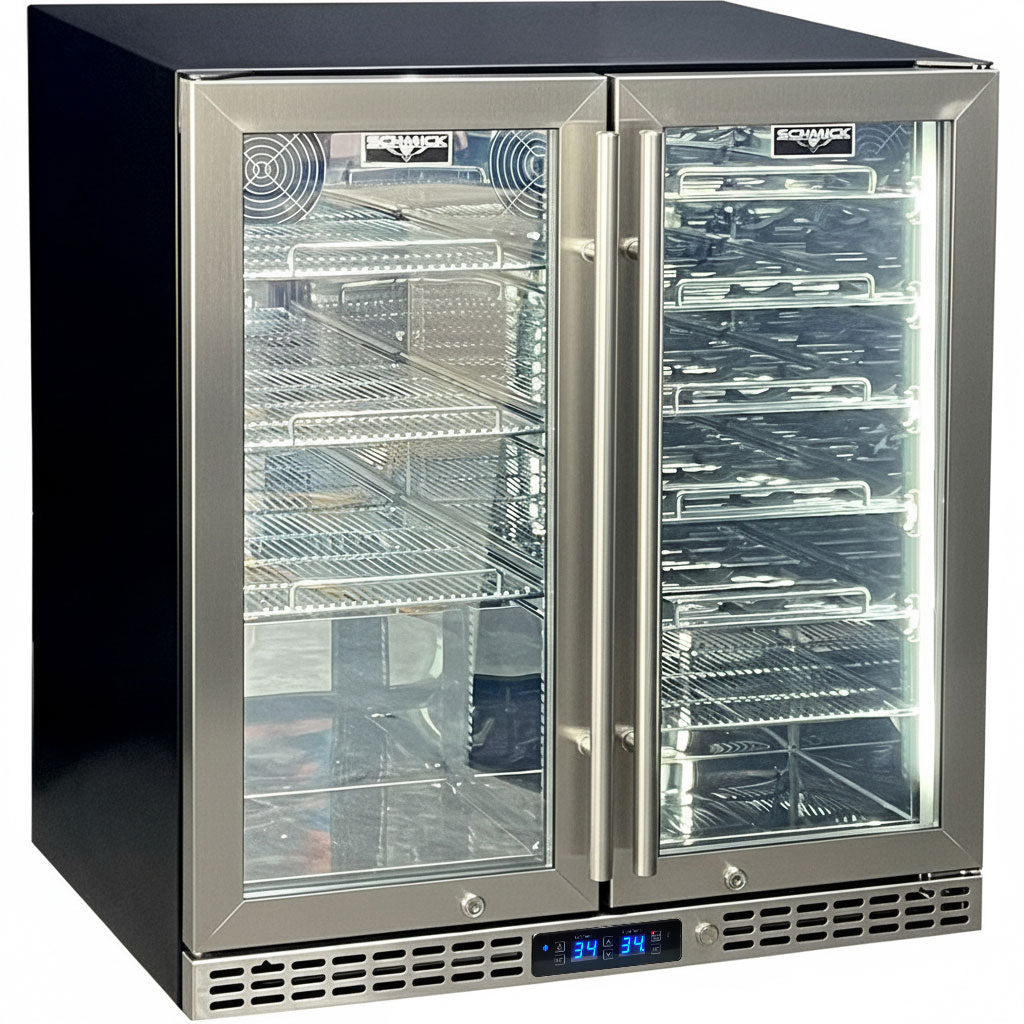 Schmick twin-zone bar fridge 215L, stainless grille, interior shelving
