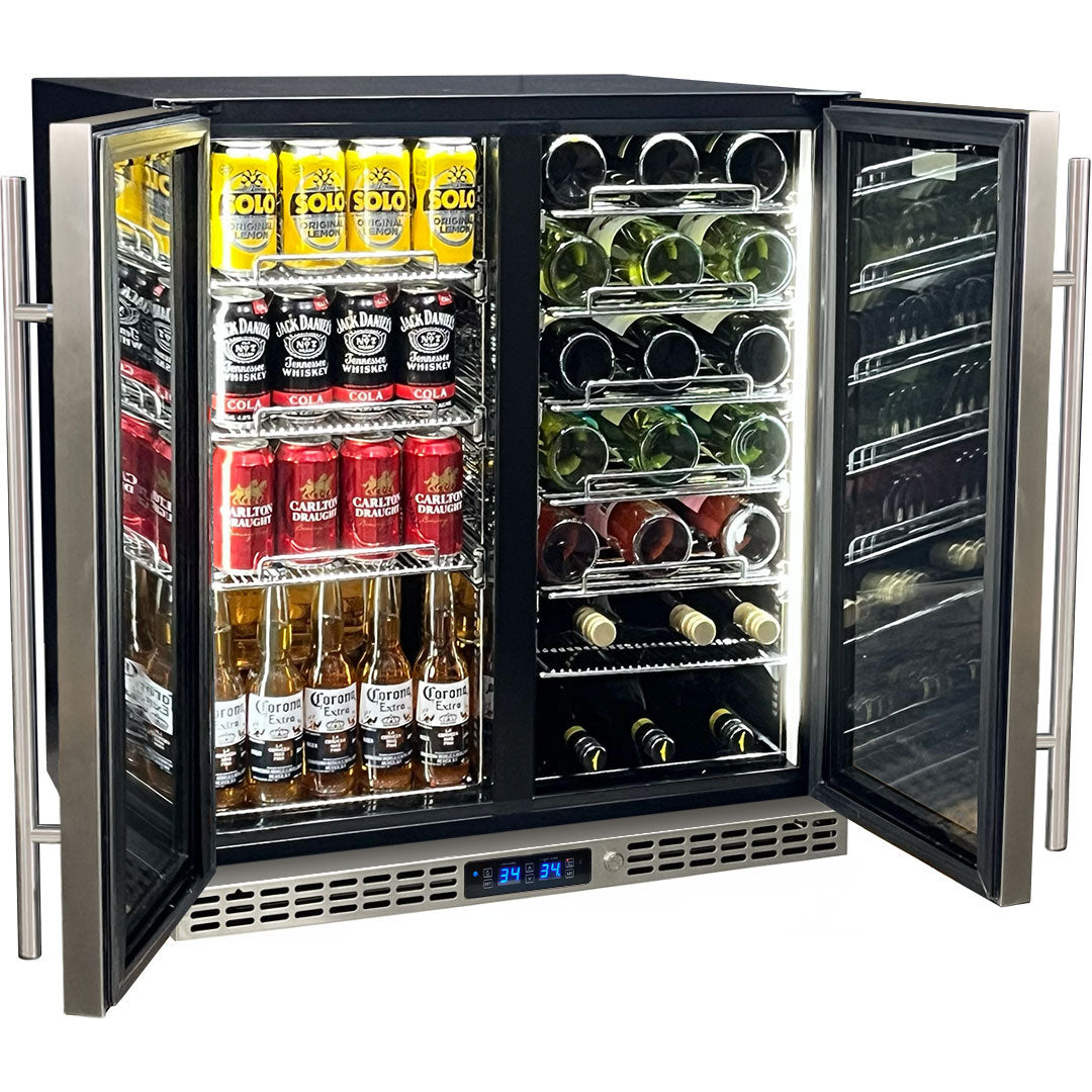 Schmick twin-zone bar fridge 215L, stainless grille, side view