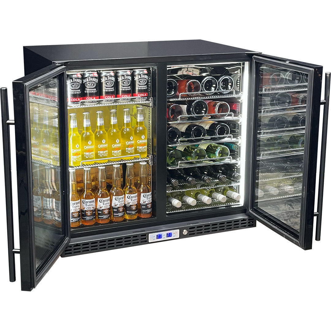 Schmick twin-zone bar fridge 244L, black grille, interior shelving open