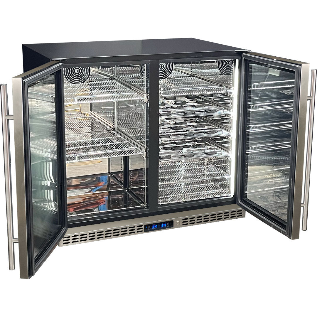 Schmick twin-zone bar fridge 244L, stainless grille, interior shelving open