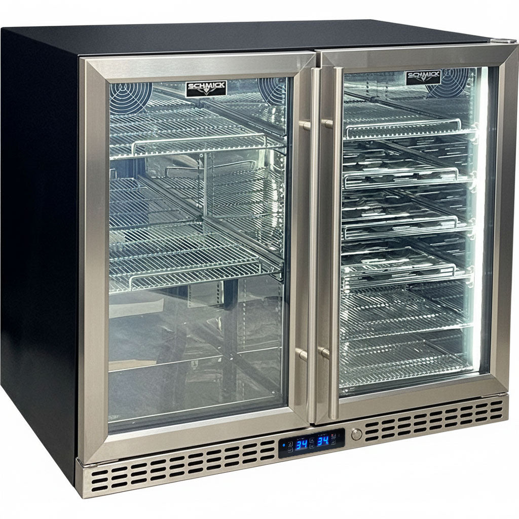 Schmick twin-zone bar fridge 244L, stainless grille, front view