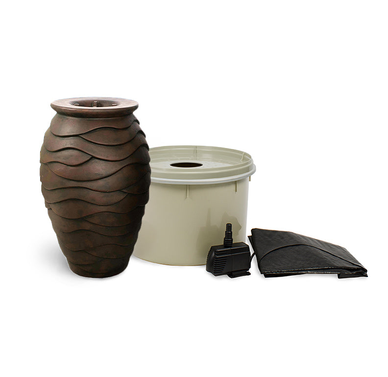 Aquascape Small Scalloped Urn Fountain Kit, showing the 81cm urn with DecoBasin reservoir and Ultra 2100 pump