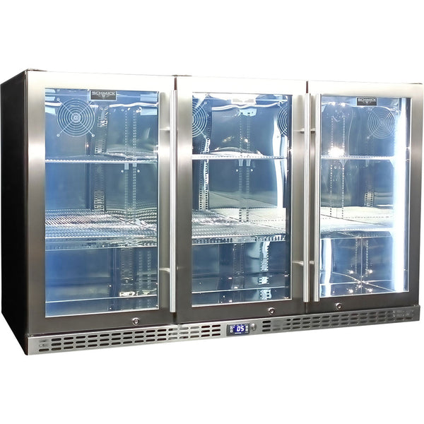 Schmick 3-door bar fridge 396 cans, stainless finish, front view