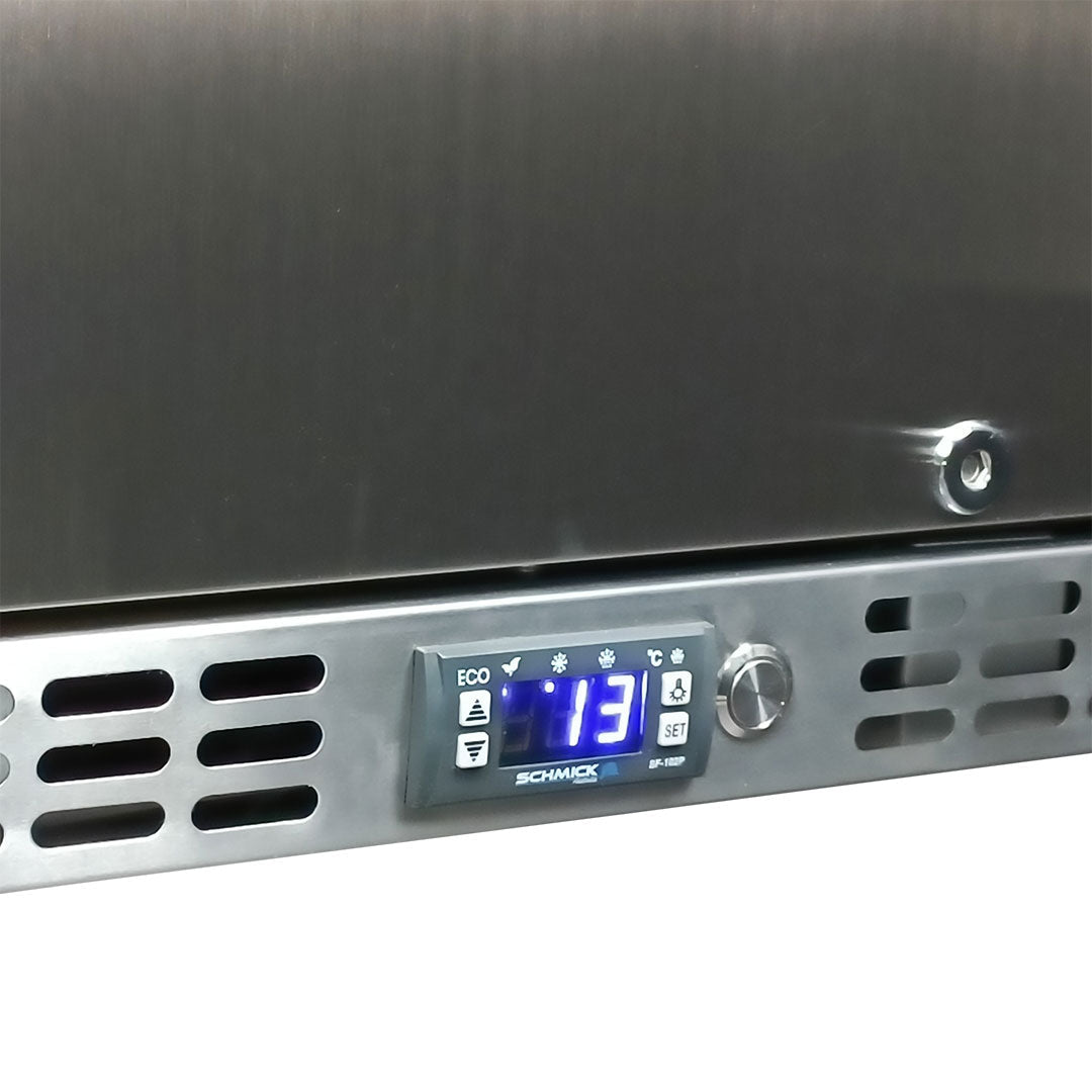 Schmick 3-door solid door bar fridge 399L, angle view