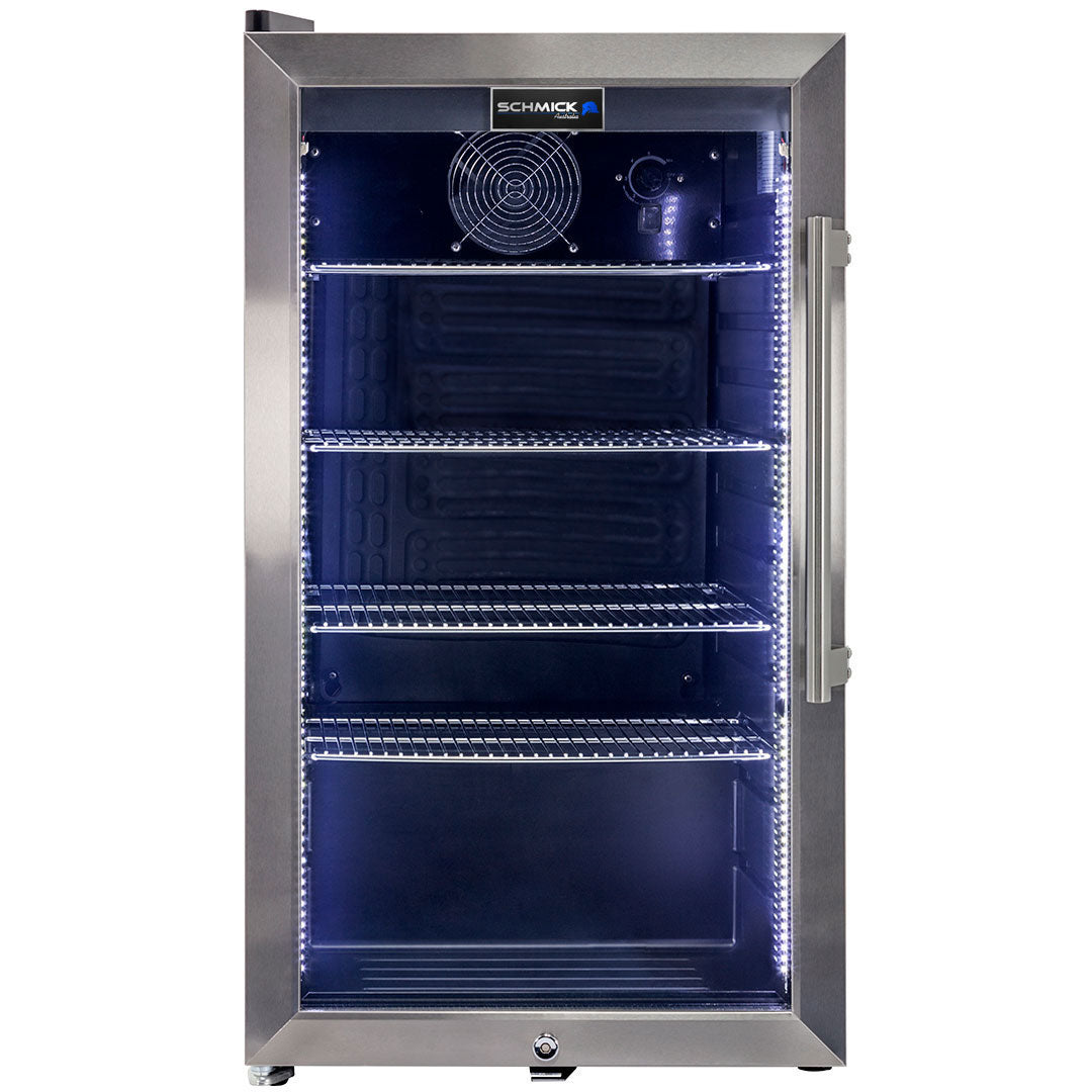 Schmick stainless triple glazed bar fridge 98 litre, side view