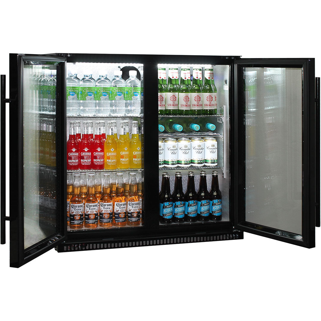 Schmick twin-door bar fridge, black finish, shelving detail