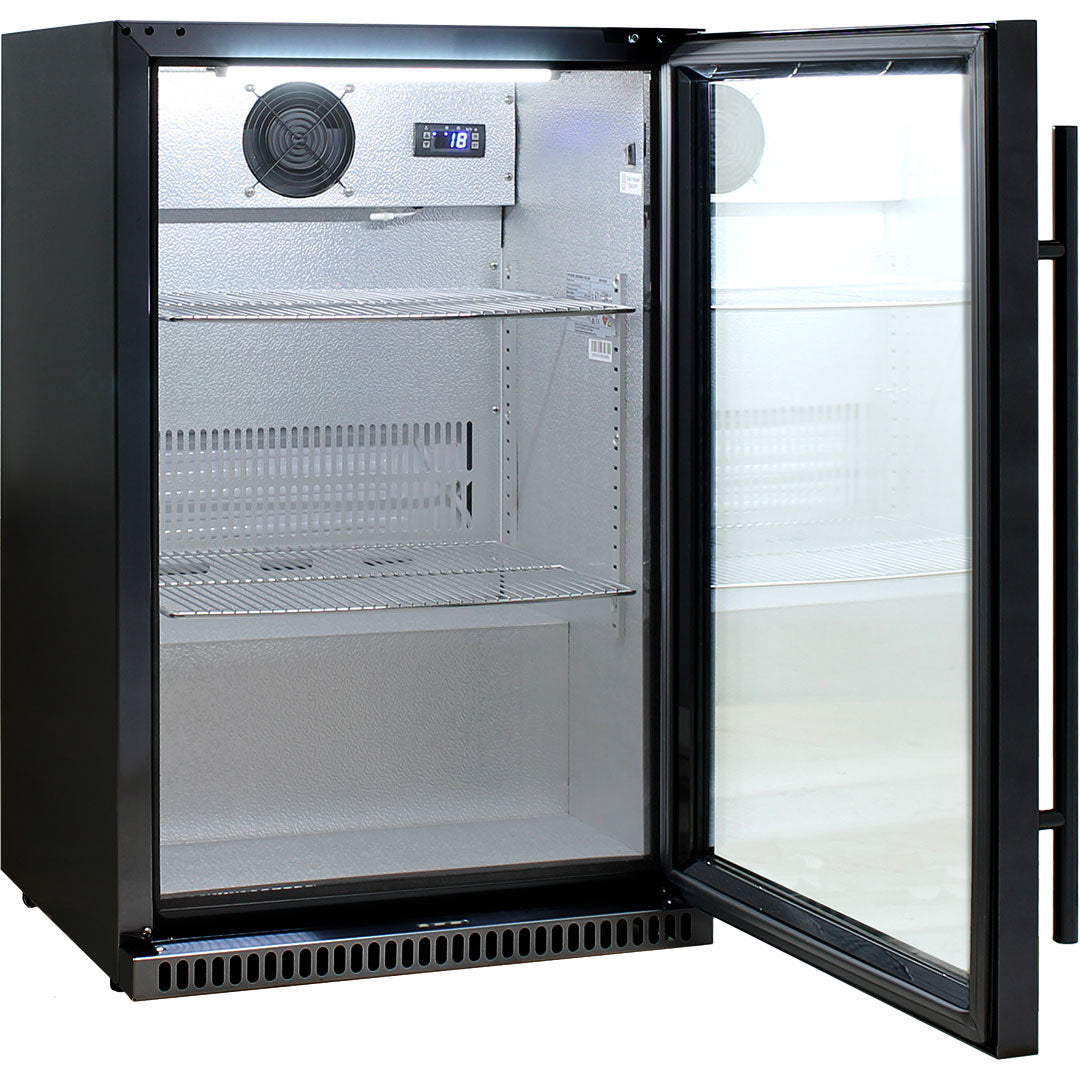 Schmick black triple-glazed bar fridge, low-noise rear fan