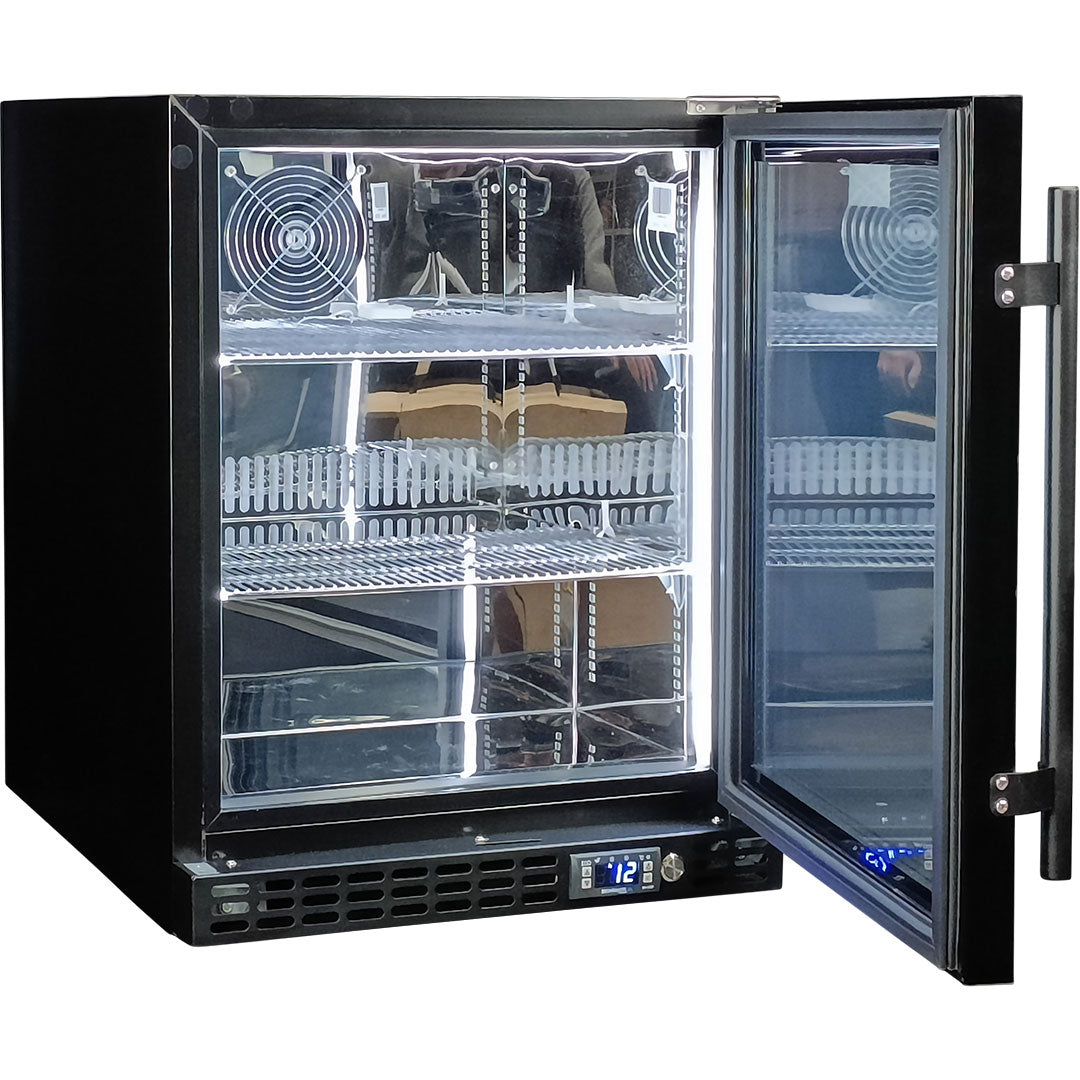 Schmick front-venting bar fridge, black finish, mirror interior