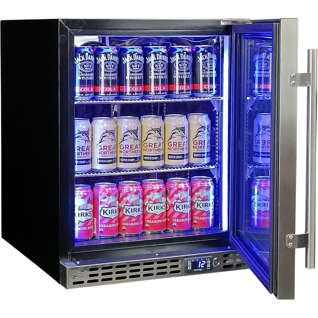 Schmick solid-door bar fridge, 96 cans, interior shelving