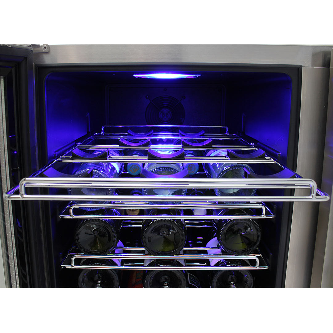 Schmick twin-zone bar fridge, patented sliding saddle wine shelves