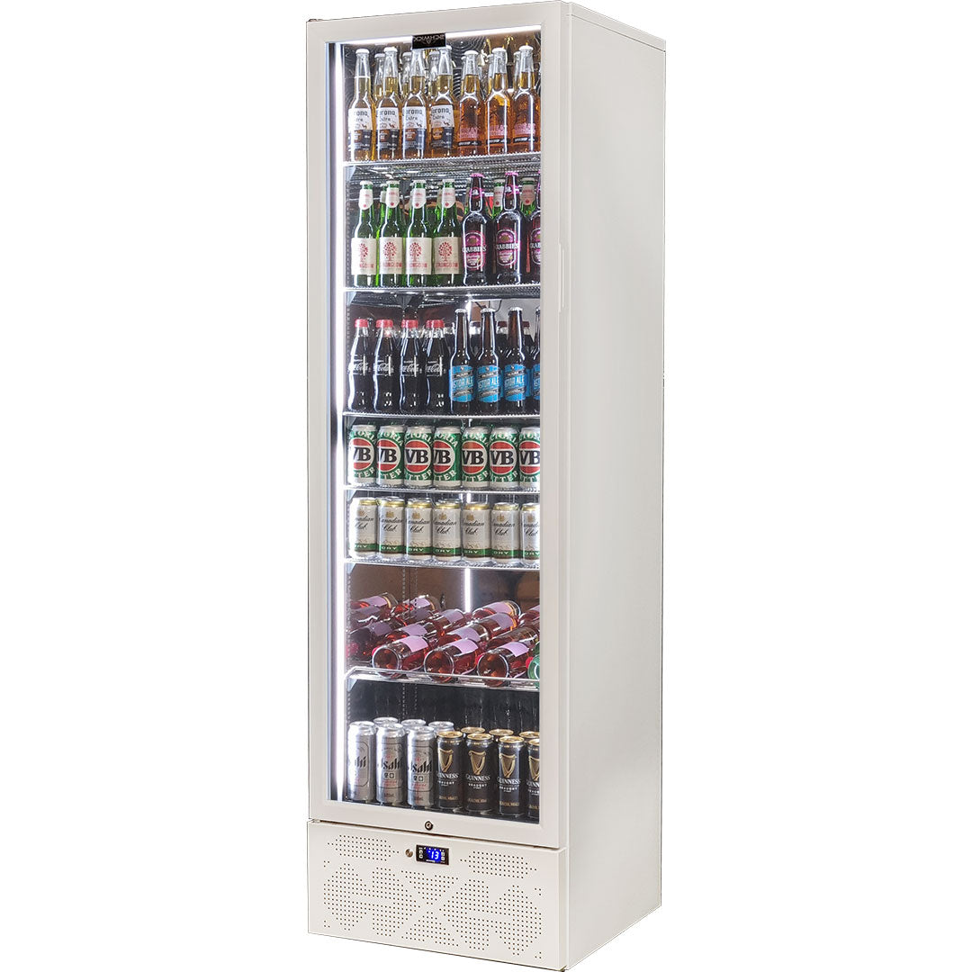 Schmick upright bar fridge 440L, white, interior shelving