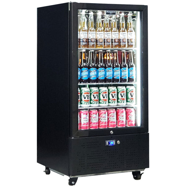 Schmick upright bar fridge 219L, front view stocked with bottles and cans