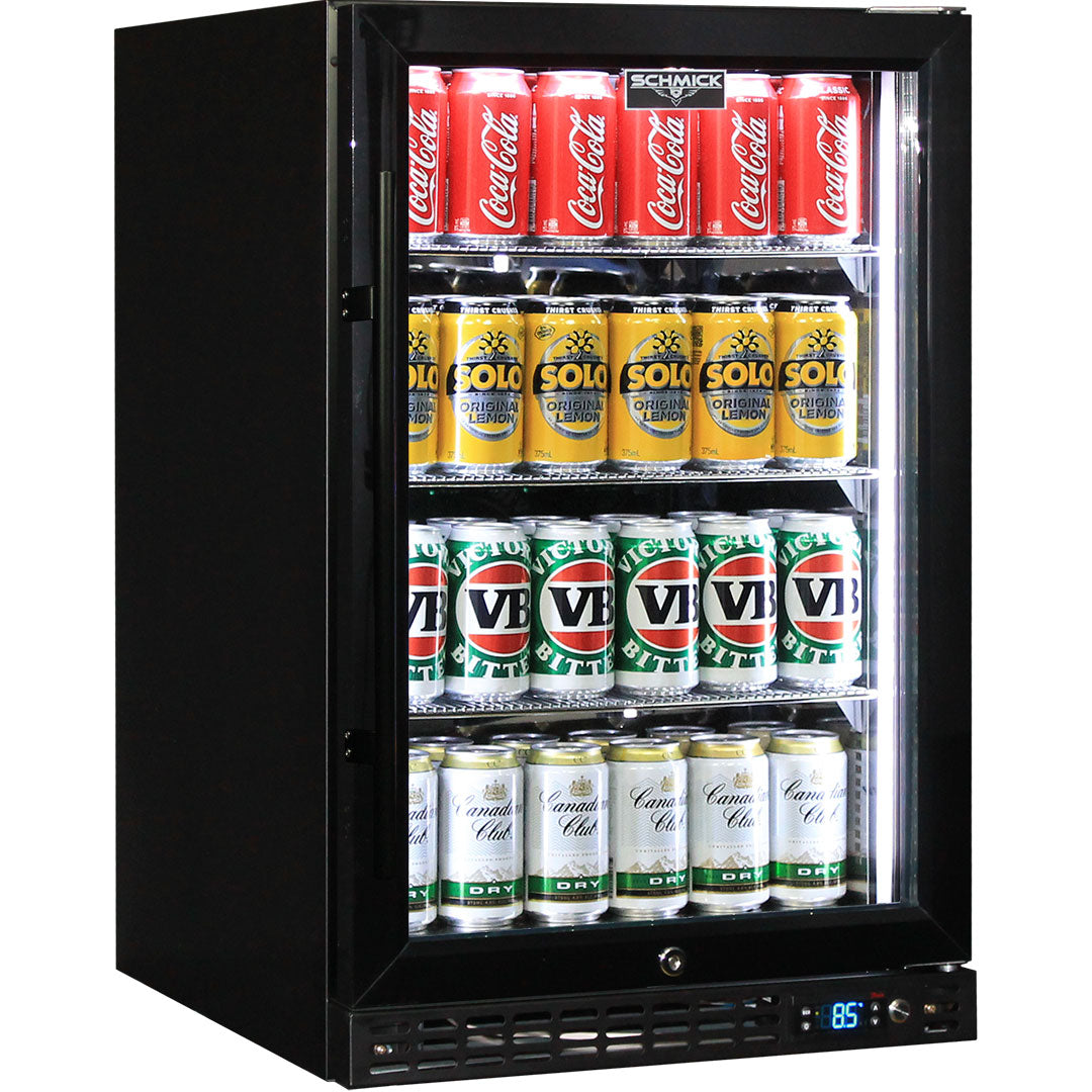 Schmick front-venting bar fridge 132 cans, black finish, front view