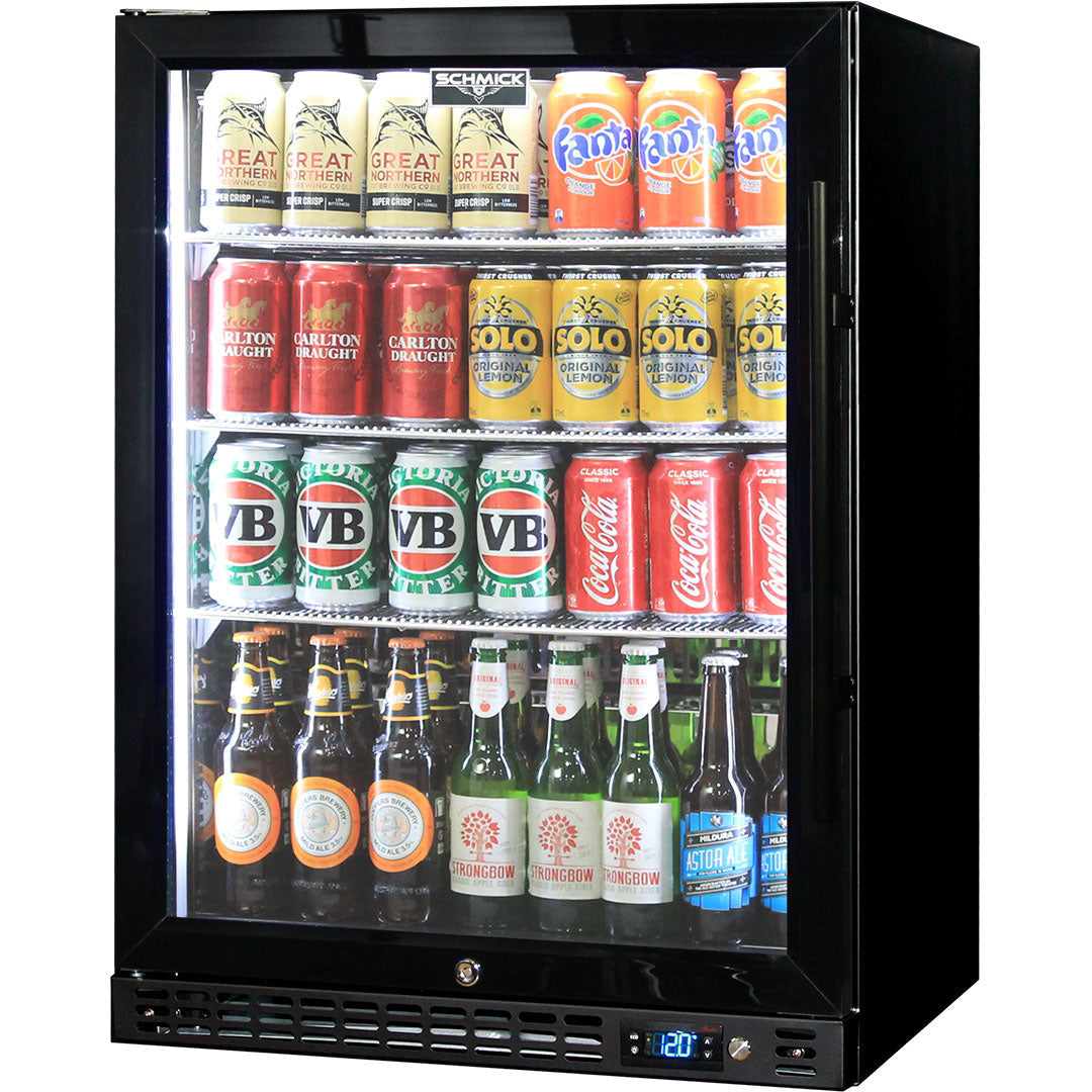 Schmick front-venting bar fridge 144 cans, black colour, left hinge, front view