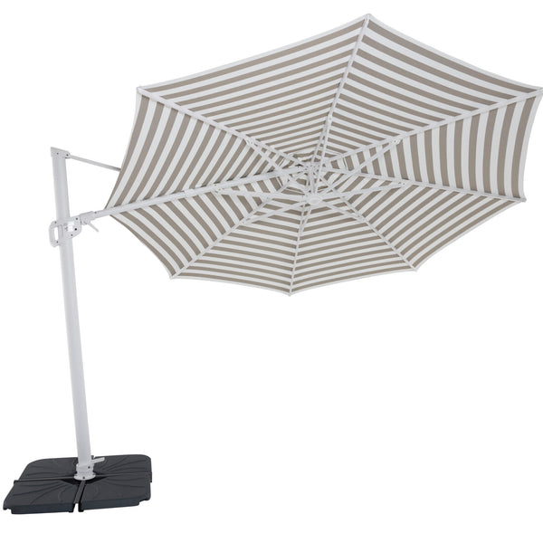 Solstice cantilever umbrella, 350cm Octagonal, White frame, Taupe Stripe canopy, tilted