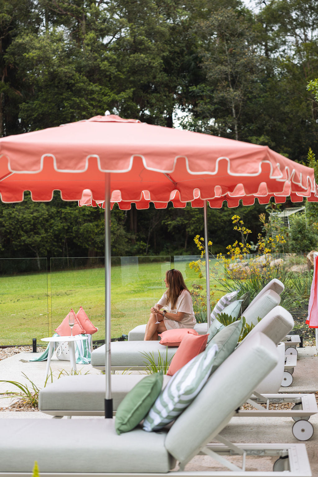 Villa valance umbrella, Musk canopy, close-up over a poolside lounger