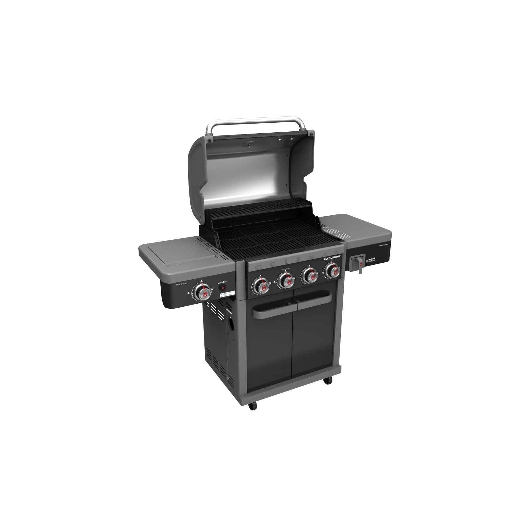 Coleman Revolution 4 Burner barbecue with the hood open showing the hotplate, grill grate and side burner
