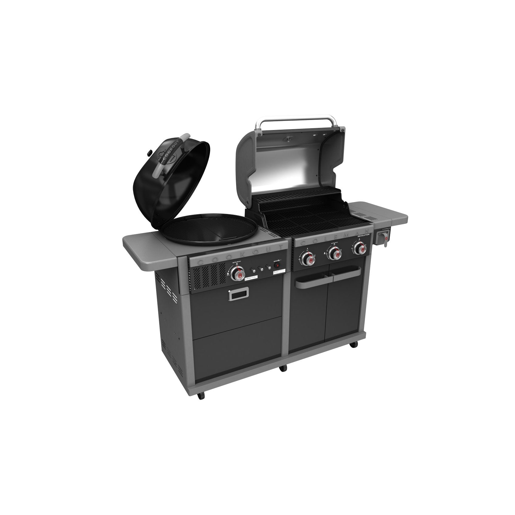 Coleman Revolution Dual Fuel barbecue with the charcoal kettle lid and the gas grill hood both open