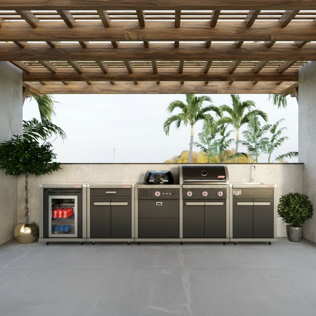 Coleman Revolution storage module in place beside the barbecue in a full outdoor kitchen run under a pergola