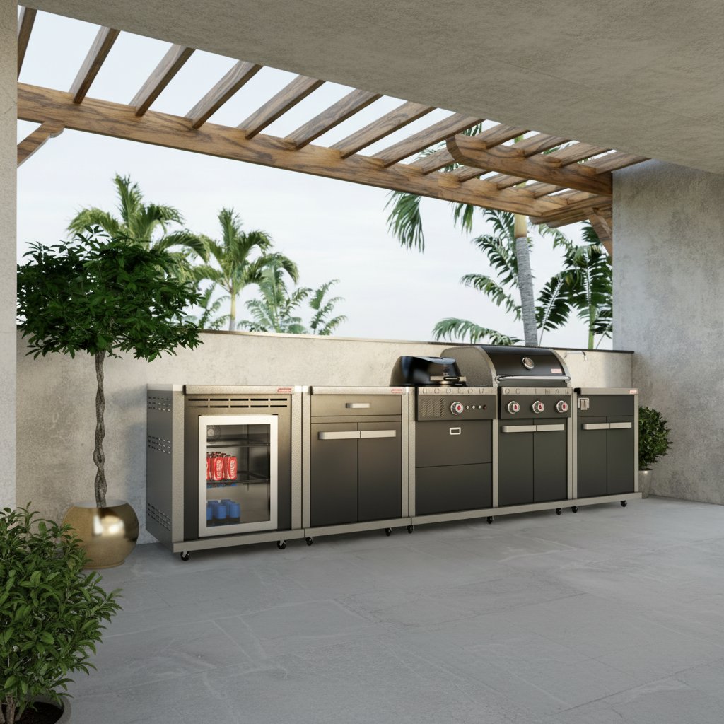 Angled view of the full Coleman Revolution Dual Fuel outdoor kitchen run under a pergola beside palms