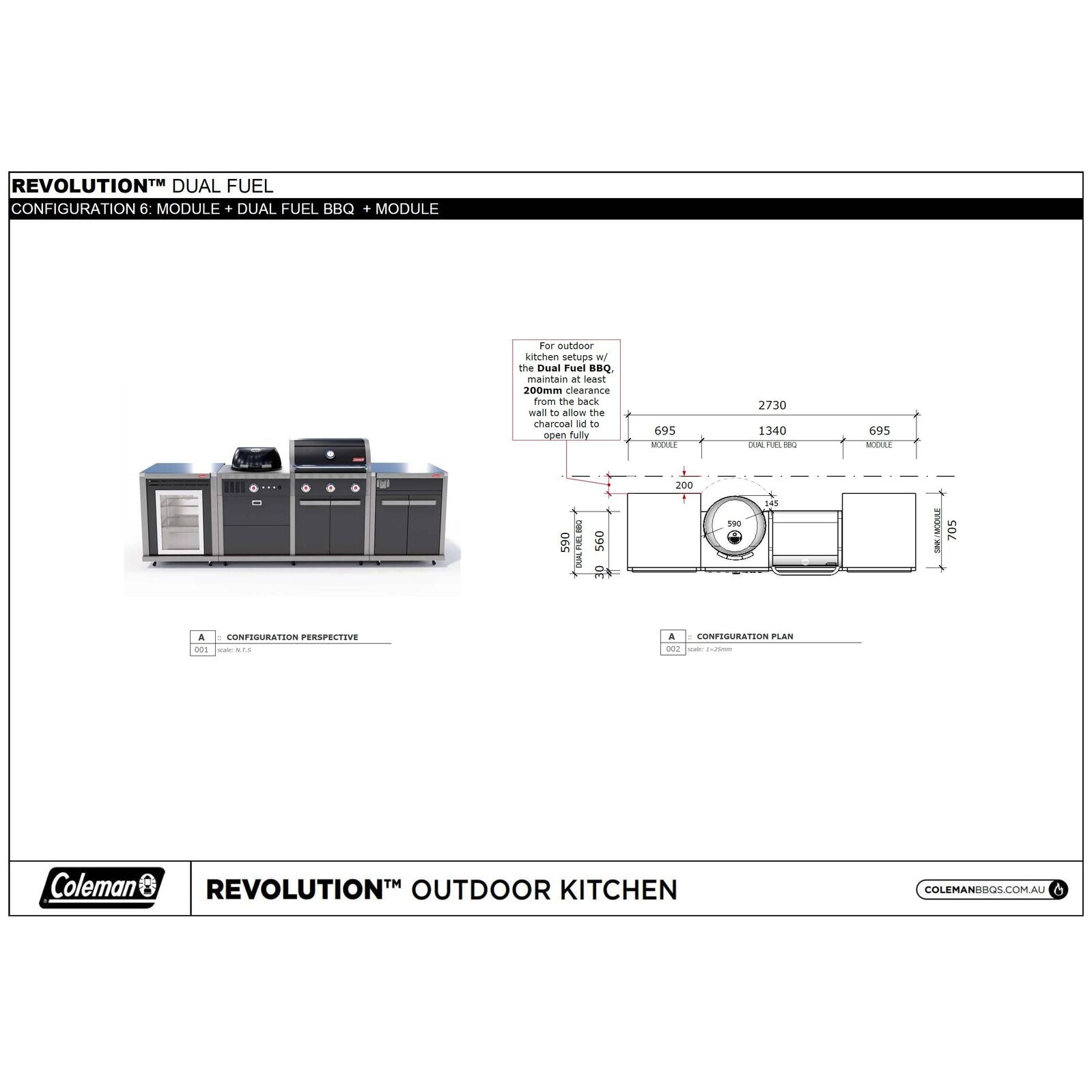 Coleman Revolution Dual Fuel outdoor kitchen configuration plan showing the 2,730mm two-module run and the 200mm rear clearance for the charcoal lid
