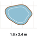 DIY Backyard Pond Kit at 1.8 x 2.4 m, drawn as a free form pond to the same scale as the other two sizes