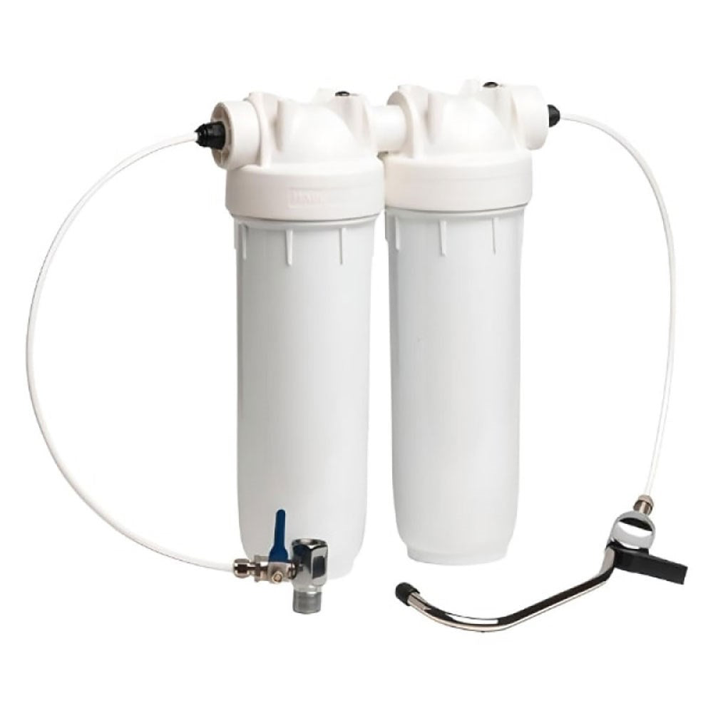 Atlas Filtri DP Bravo Duo underbench filter kit with two white housings, hose, inlet valve and tap