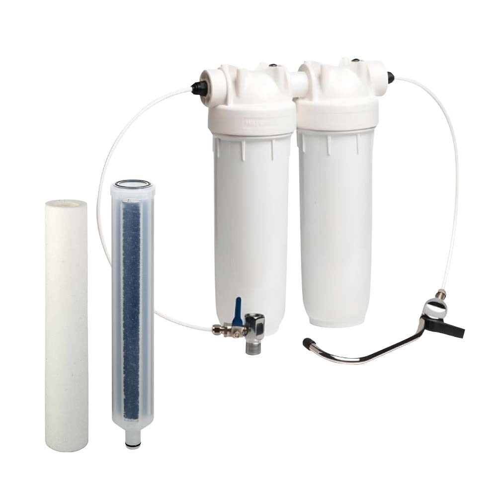 Atlas Filtri DP Bravo Duo underbench filter kit with two housings, tap and two cartridges beside them