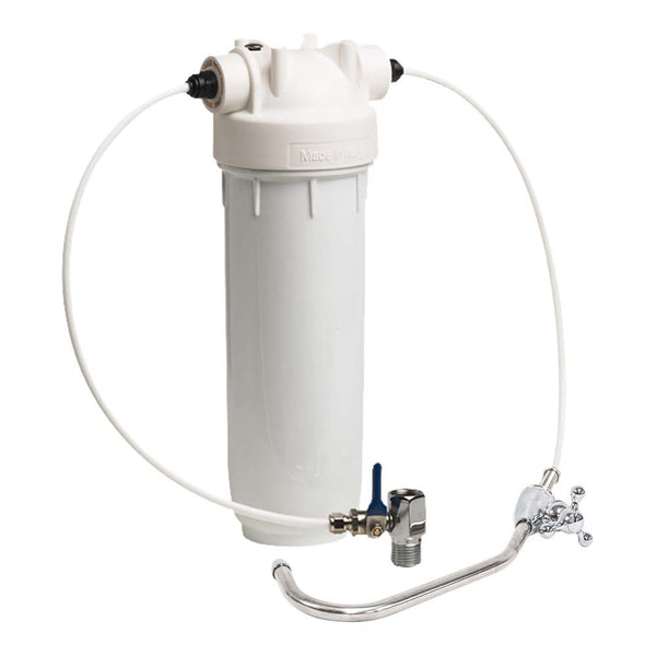 Atlas Filtri DP Bravo Mono underbench filter kit with a white housing, hose, inlet valve and tap