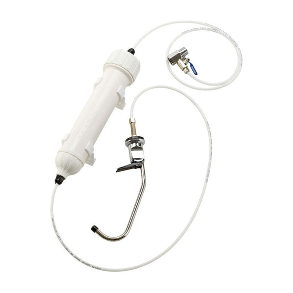 Atlas Filtri underbench inline filter kit with white housing, hose, inlet valve and drinking water tap