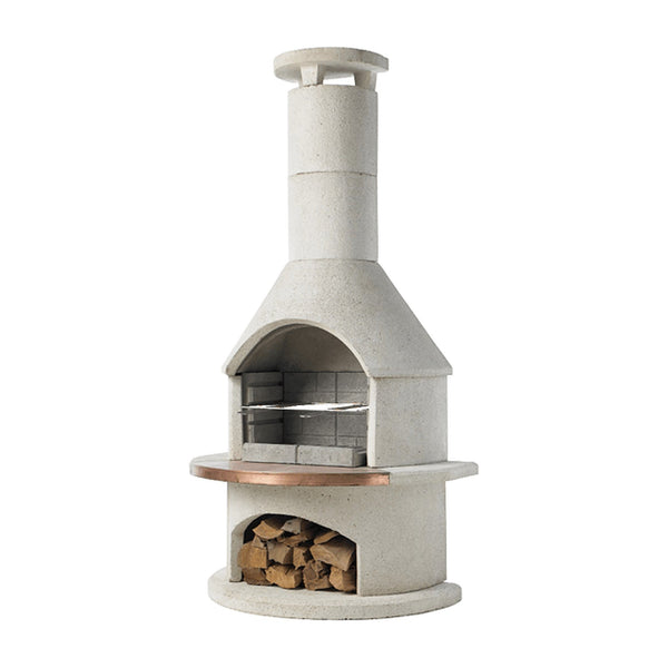 Buschbeck Rondo Outdoor Fireplace in White, front studio shot on a plain background