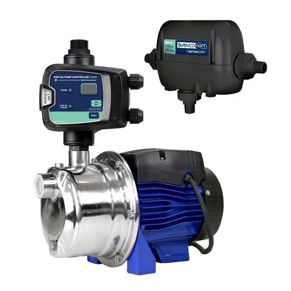 Bianco Rainsaver Inox pump with an nXt Core digital controller on top and a black Rainsaver MK4e changeover unit beside it