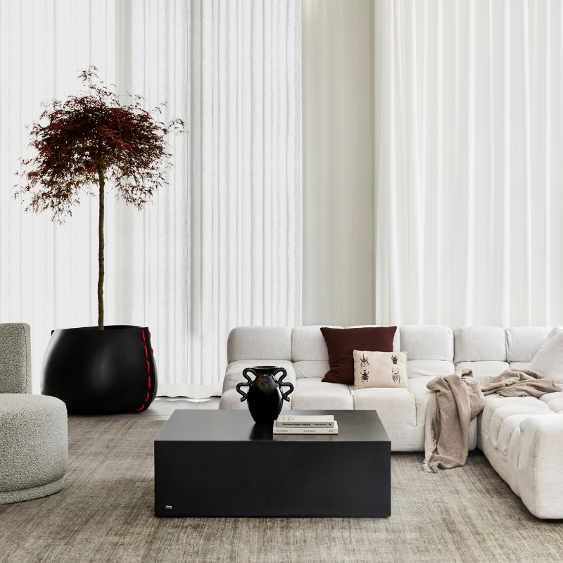 Bloc 40 square concrete coffee table by Blinde Design in graphite finish with clean minimalist block design