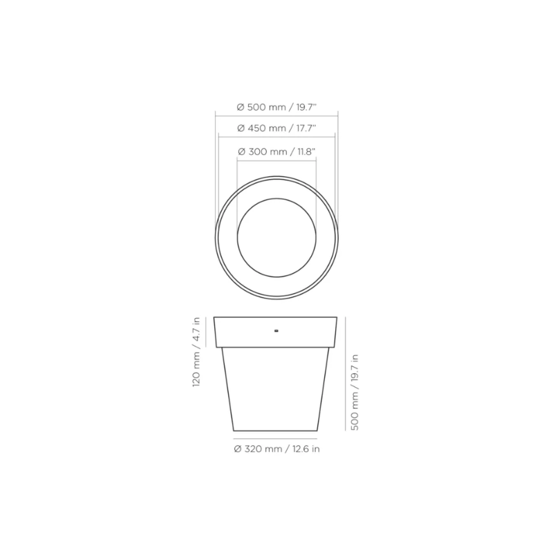 Technical dimensions diagram of Blinde Design Classic 50 concrete planter showing diameter and height measurements