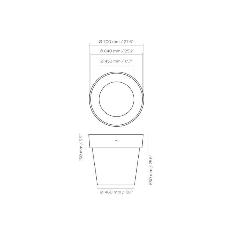 Technical dimensions diagram of Blinde Design Classic 75 concrete planter showing diameter and height measurements