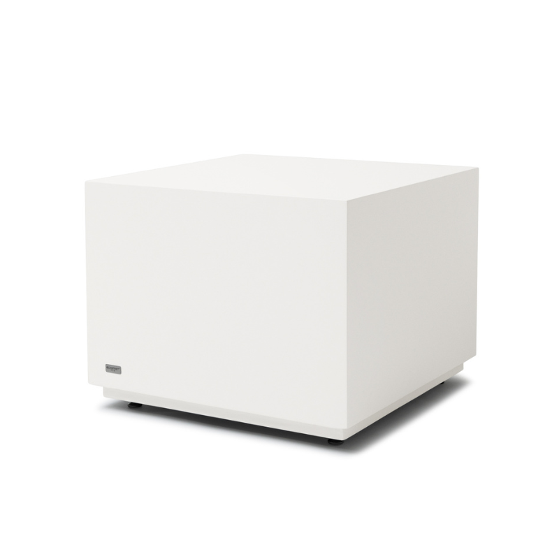 Cube 24 square concrete coffee table by Blinde Design in bone white finish with minimalist cube silhouette