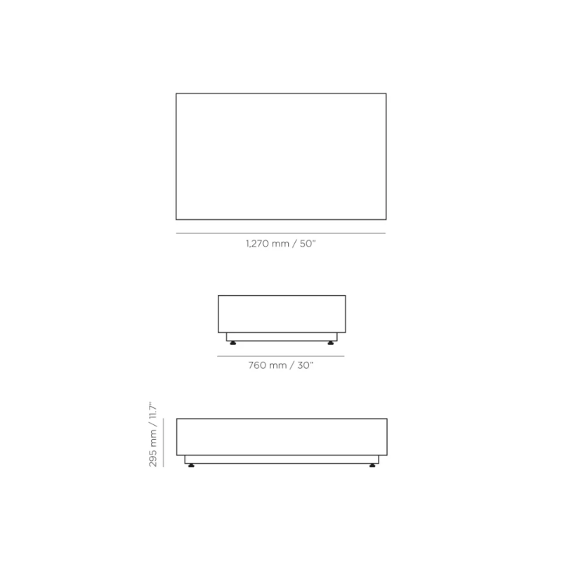 Technical dimensions diagram of the Blinde Design Dash 50 rectangular concrete coffee table showing 1270 mm length, 760 mm width, and 295 mm height.