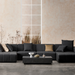 Dash 50 rectangular concrete coffee table by Blinde Design styled in a modern living room with sectional sofa.