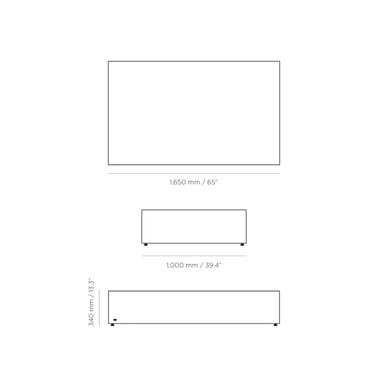 Technical dimensions diagram of the Blinde Design Move 65 rectangular concrete coffee table showing 1650 mm length, 1000 mm width, and 340 mm height.
