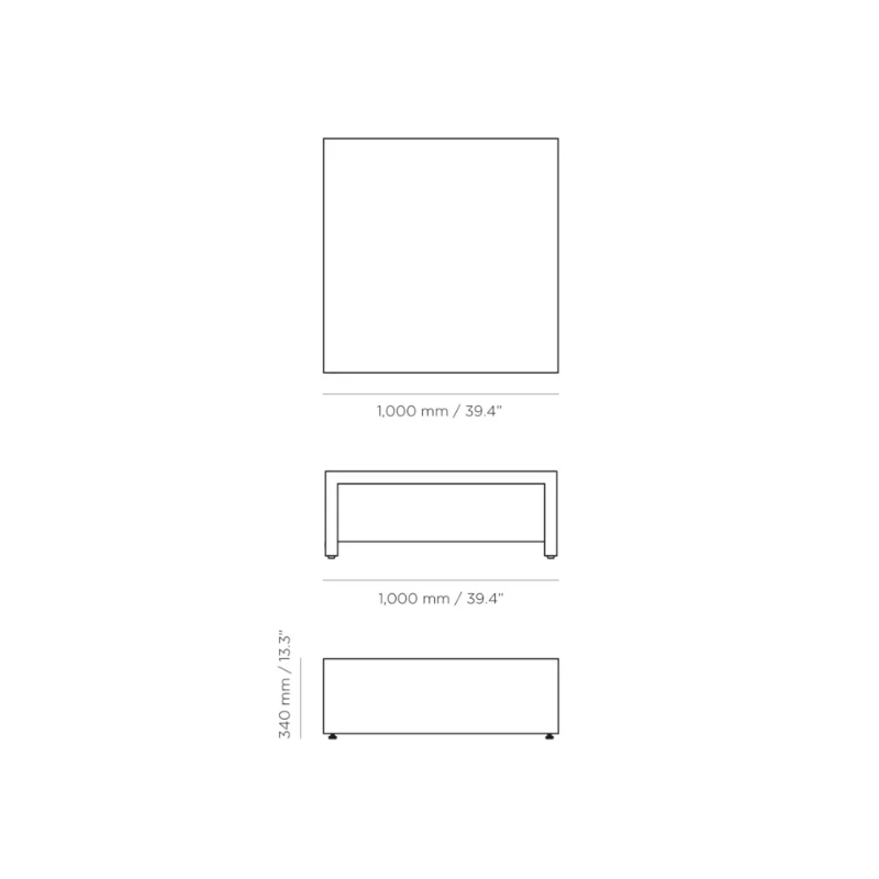 Technical dimensions diagram of the Blinde Design Niche 40 concrete coffee table showing 1000 mm width and 340 mm height