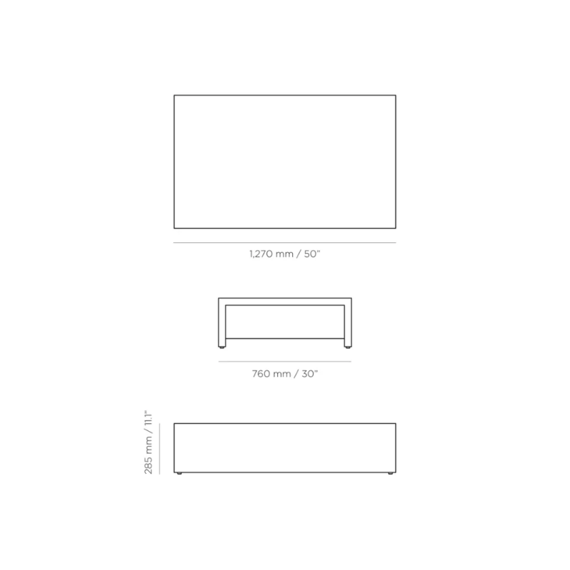 Technical dimensions diagram of the Blinde Design Niche 50 coffee table showing 1270 mm length, 760 mm width and 285 mm height