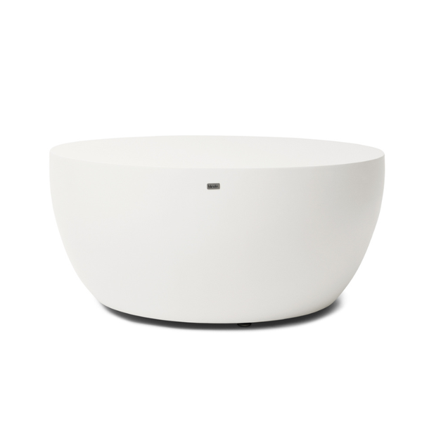 Node 30 round concrete coffee table by Blinde Design in bone white finish with minimalist curved form