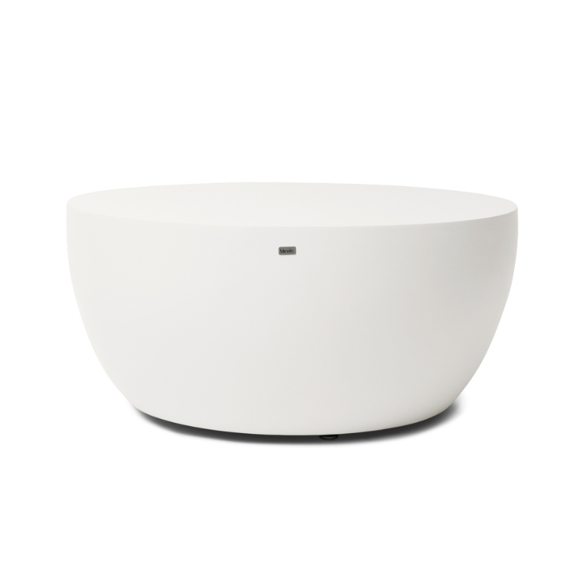 Node 30 round concrete coffee table by Blinde Design in bone white finish with minimalist curved form