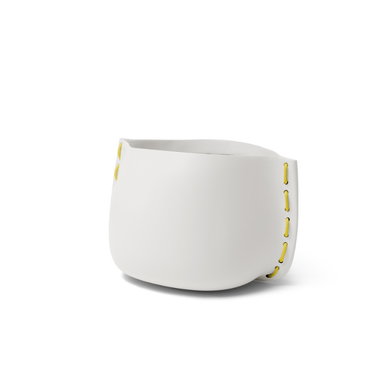 Stitch 25 round concrete planter in bone white finish with yellow stitched detail