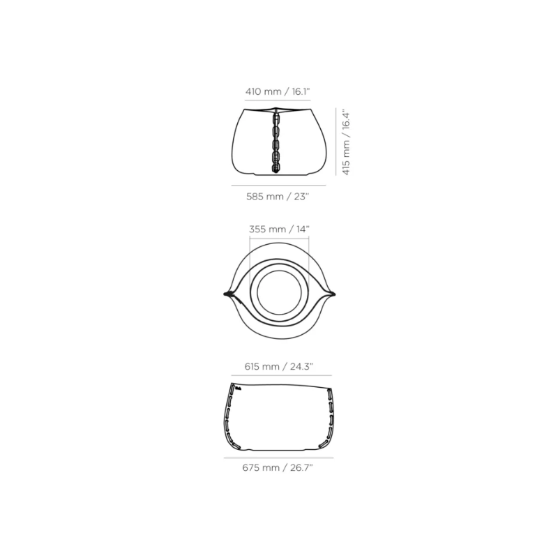 Technical dimensions diagram of the Blinde Design Stitch 25 concrete planter showing height, width and diameter measurements