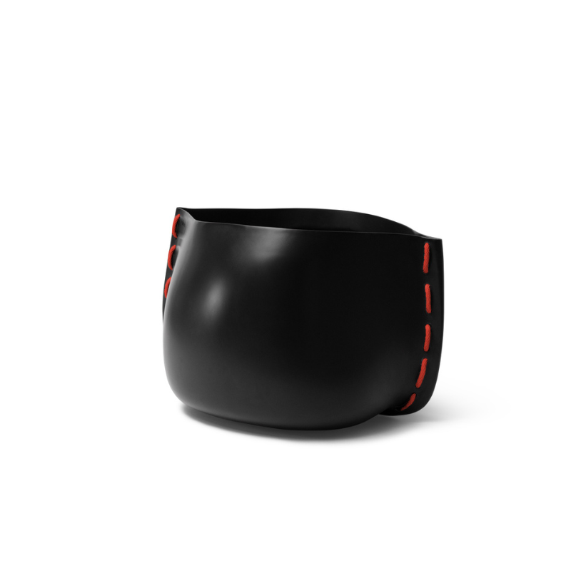 Stitch 25 round concrete planter in black finish with red stitched accent detail