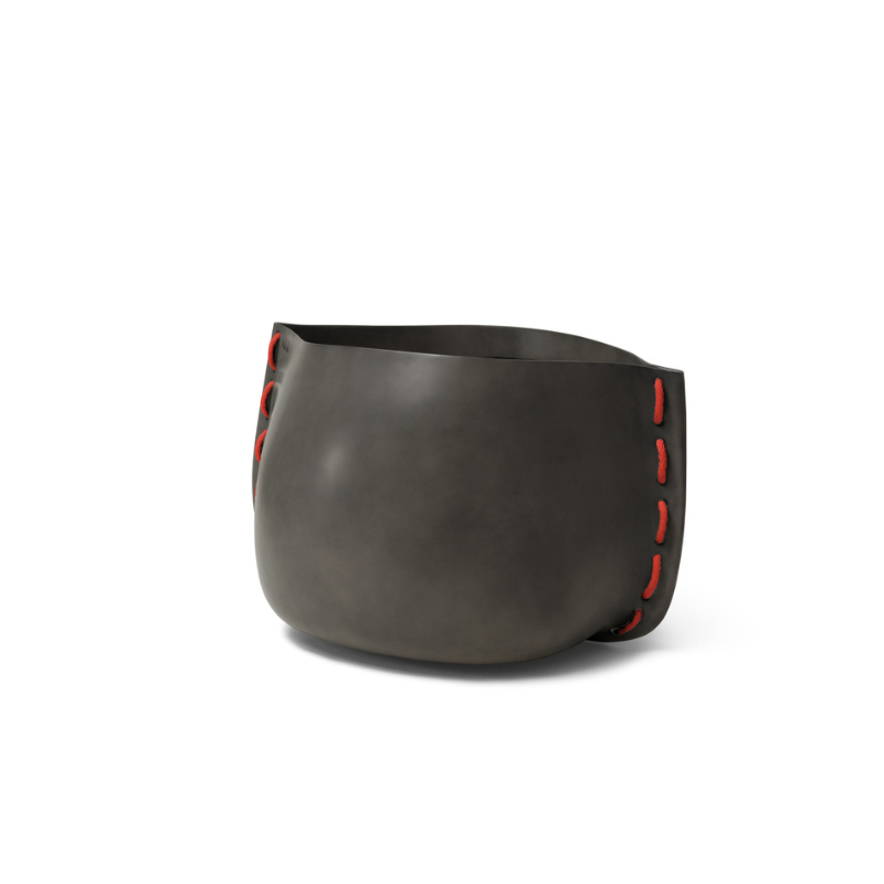 Stitch 25 round concrete planter in natural finish with red stitched accent detail