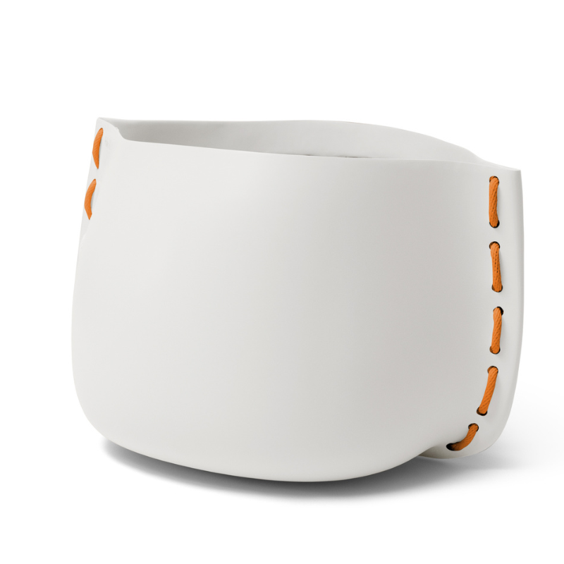 Blinde Stitch 100 large concrete planter in Bone finish with orange stitched accent detail