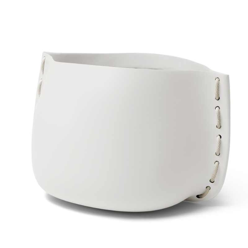 Blinde Stitch 100 concrete planter in Bone finish with white stitched accent detail
